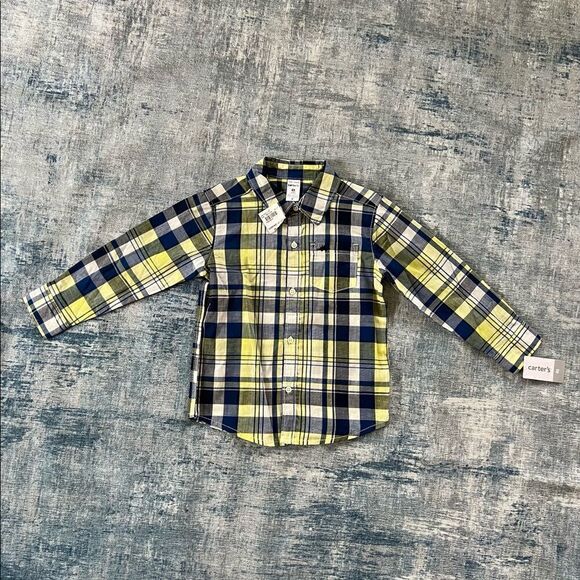 NWT! Carter's Blue Yellow Dinosaur Long Sleeve Button Down Shirt 4T - Picture 1 of 7